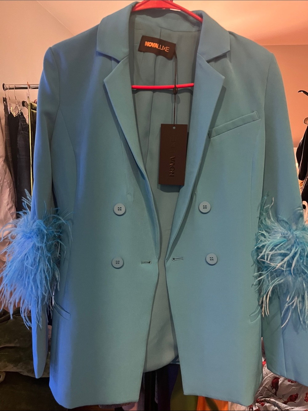 LUXE Aqua Blue  Feather Sleeve Double-Breasted Blazer